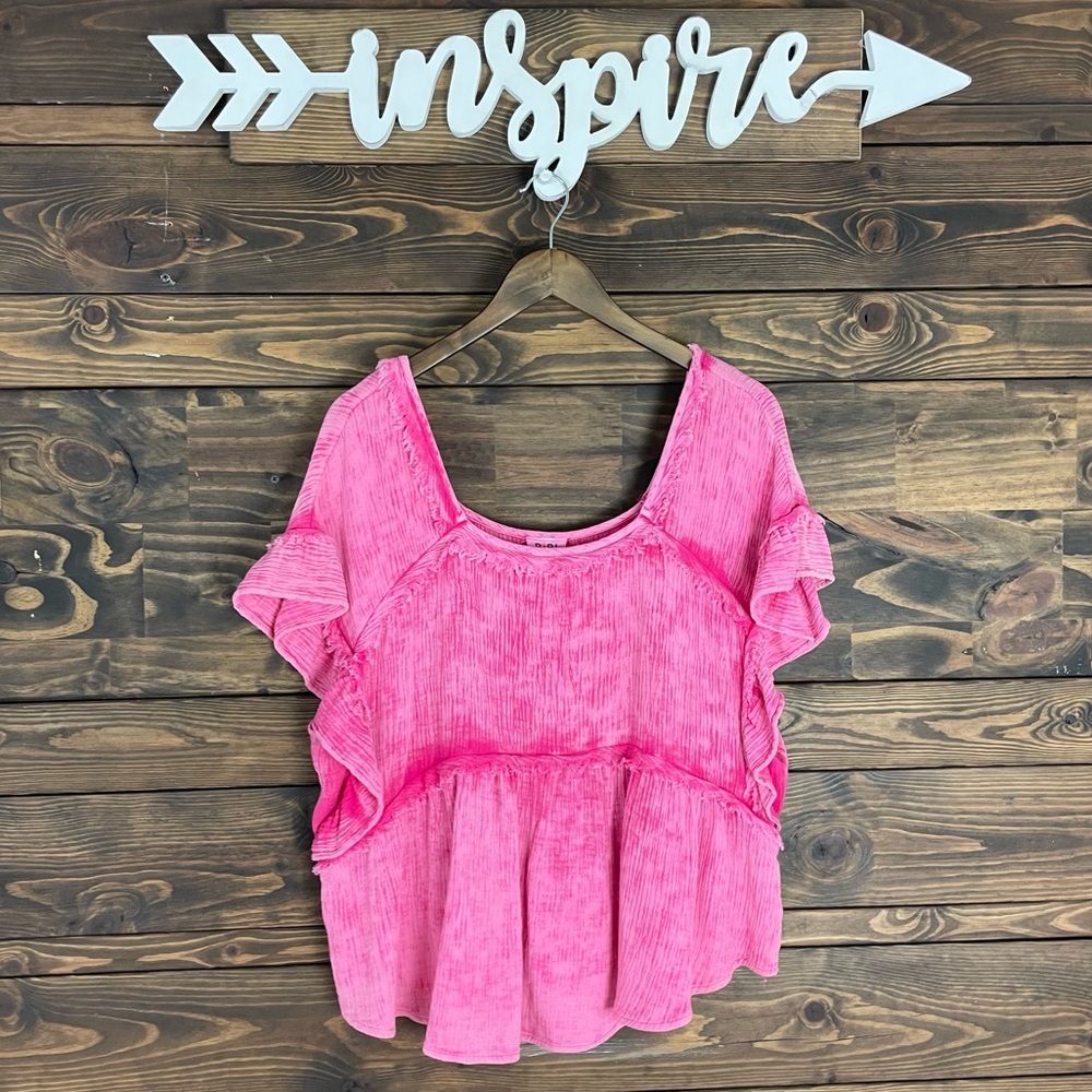 Bibi | Mineral Wash Gauze Ruffle Blouse Deep Square Neck Hot Pink Raw Frayed - Picture 11 of 14